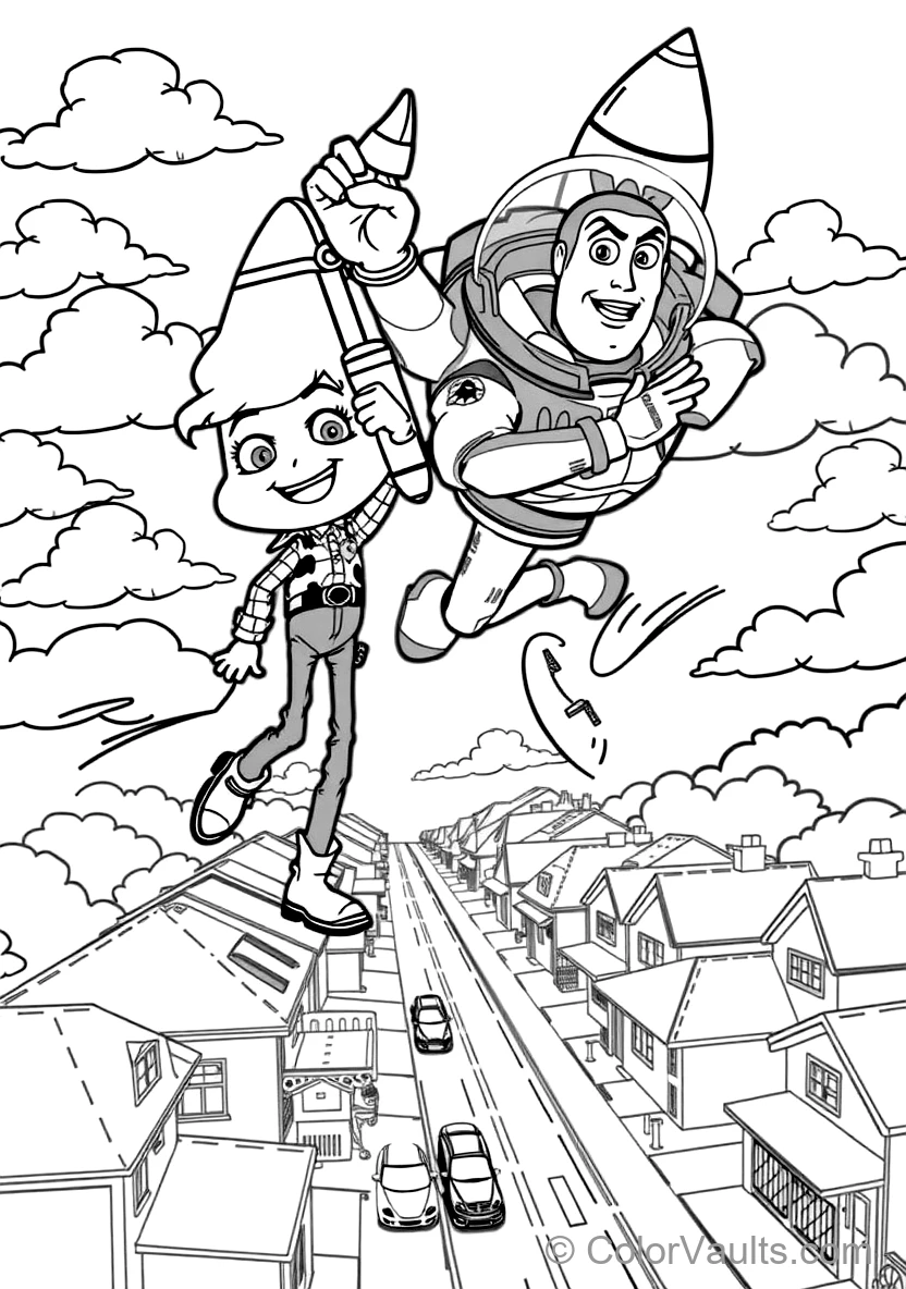 Woody en Buzz Lightyear Soaring Through de Sky (Scène 15) - Gratis Printbare Kleurplaat | ColorVaults
