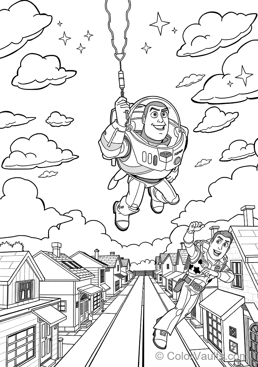 Woody und Buzz Lightyear Soaring Through the Sky (Scene 20) - Kostenlose Malvorlage zum Ausdrucken | ColorVaults