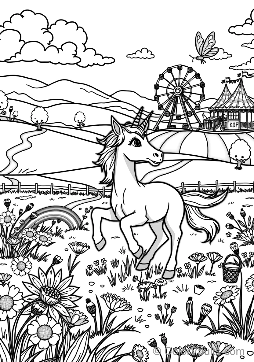 Playful Unicorn Foal Prancing Through Rainbow