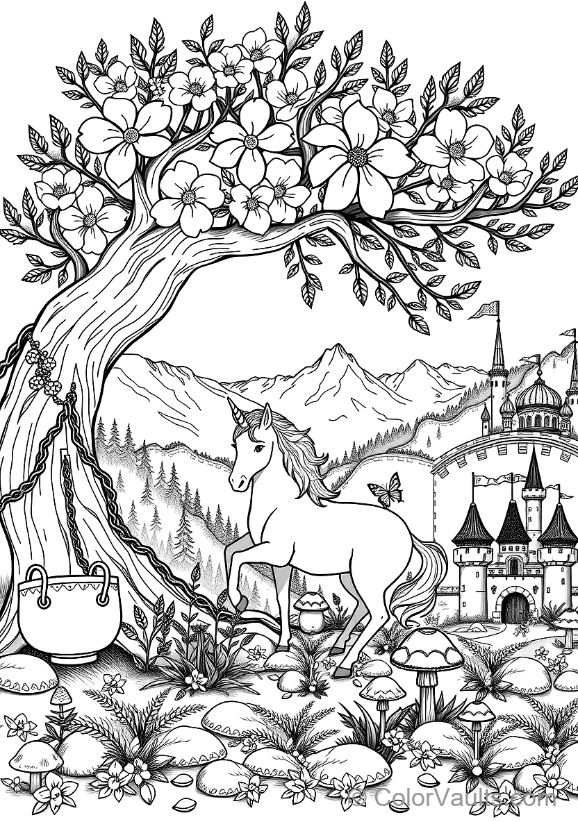 Unicorn Resting Beneath a Flowering Cherry Blossom (Scene 7)
