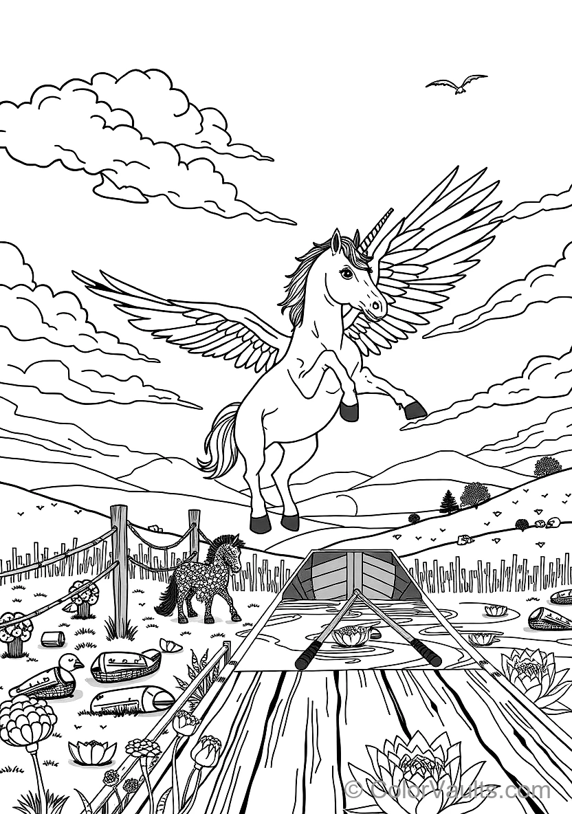 Winged Pegasus Unicorn Soaring mit Feathered Wings (Scene 21)