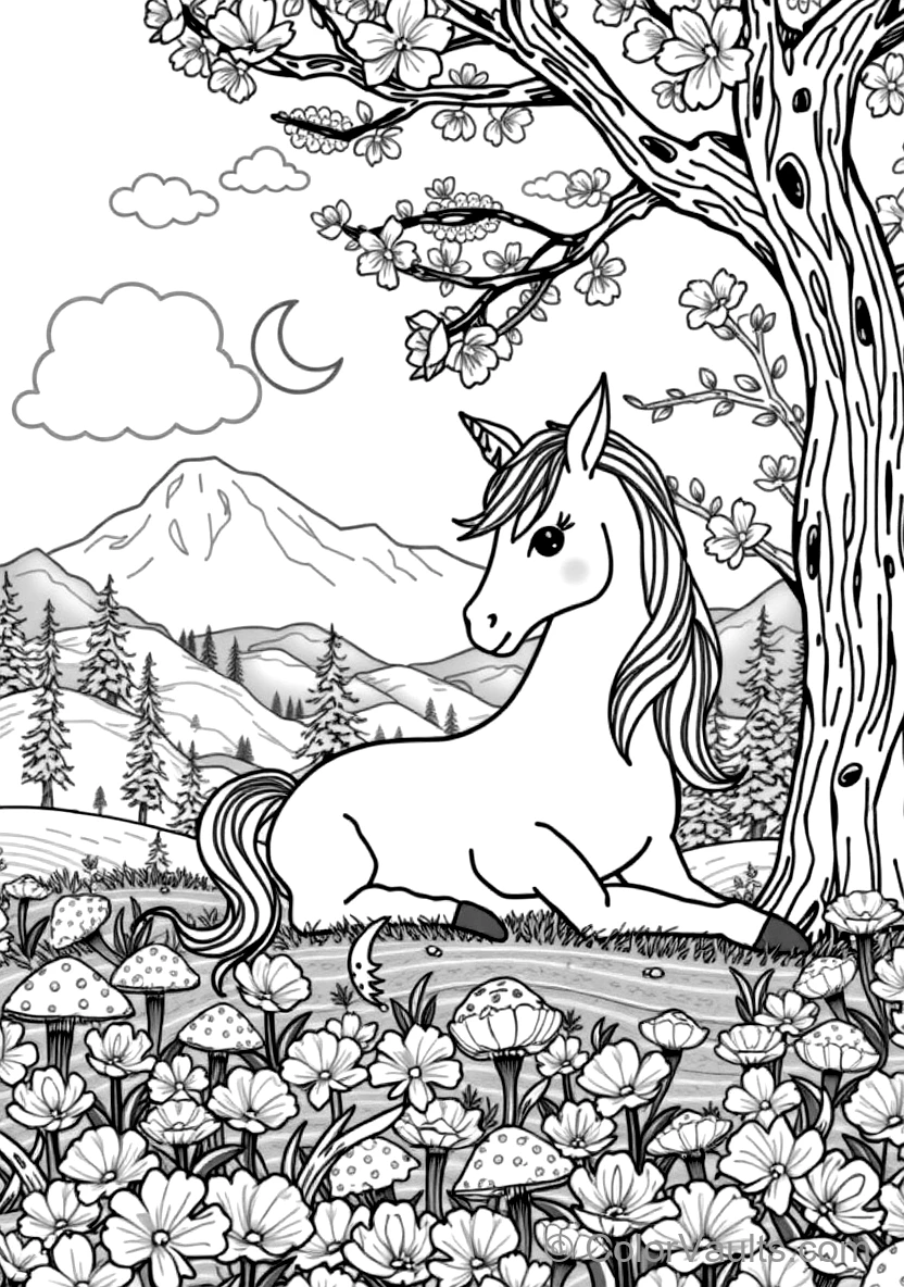 Unicorn Resting Beneath a Flowering Cherry Blossom (Scene 10)