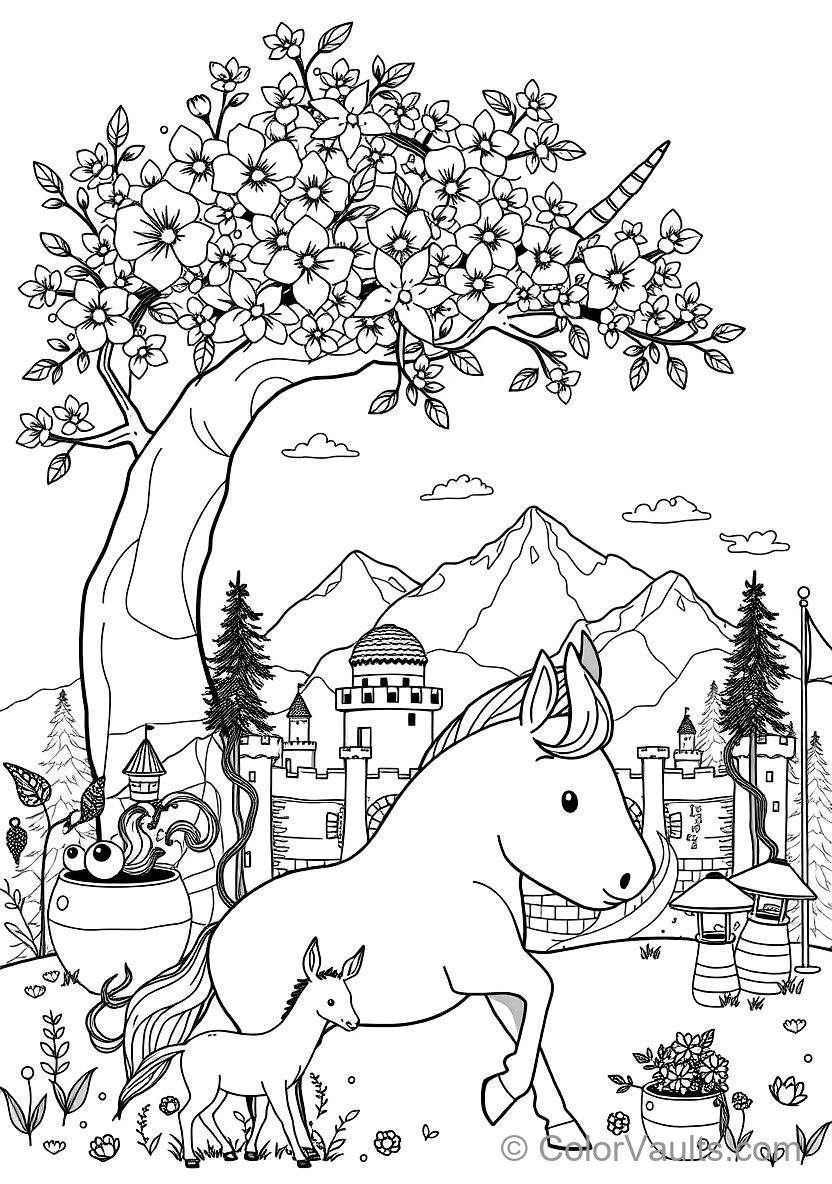 Unicorn Resting Beneath a Flowering Cherry Blossom (Scene 16)