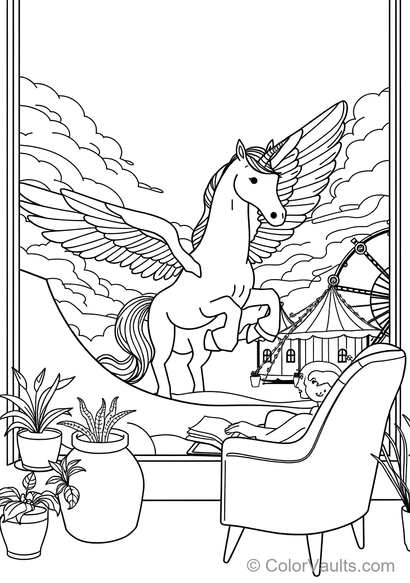 Winged Pegasus Unicorn Soaring mit Feathered Wings (Scene 25)