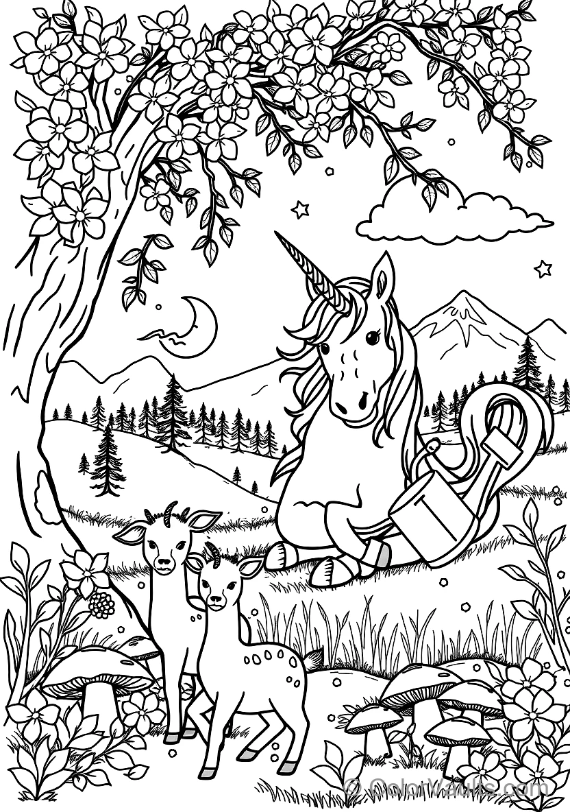 Unicorn Resting Beneath a Flowering Cherry Blossom (Scene 36)