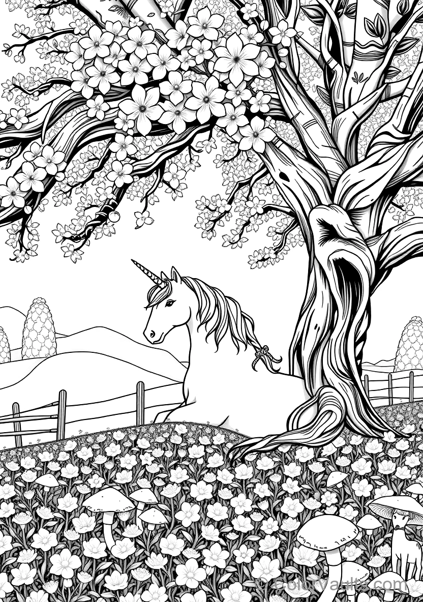 Unicorn Resting Beneath a Flowering Cherry Blossom (Scene 42)