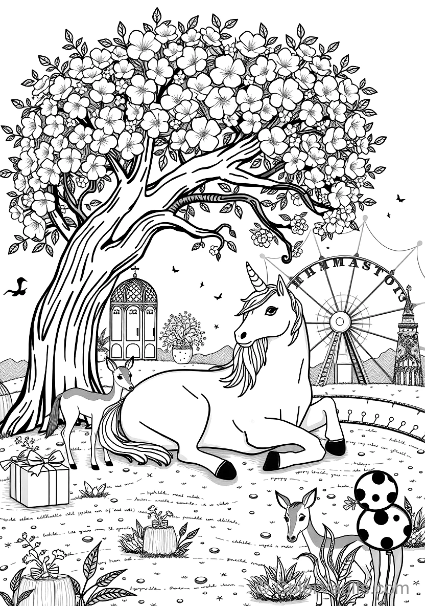 Unicorn Resting Beneath a Flowering Cherry Blossom (Scene 44)
