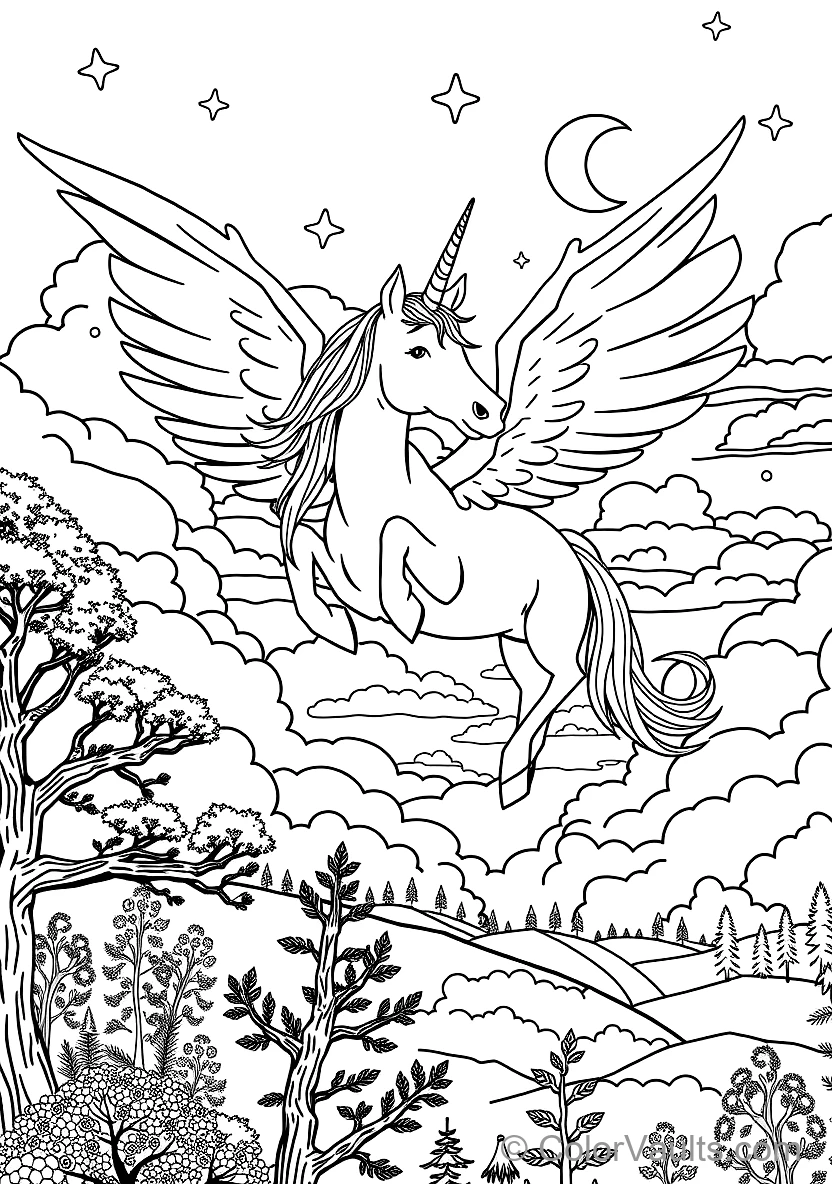 Winged Pegasus Unicorn Soaring mit Feathered Wings (Scene 57)