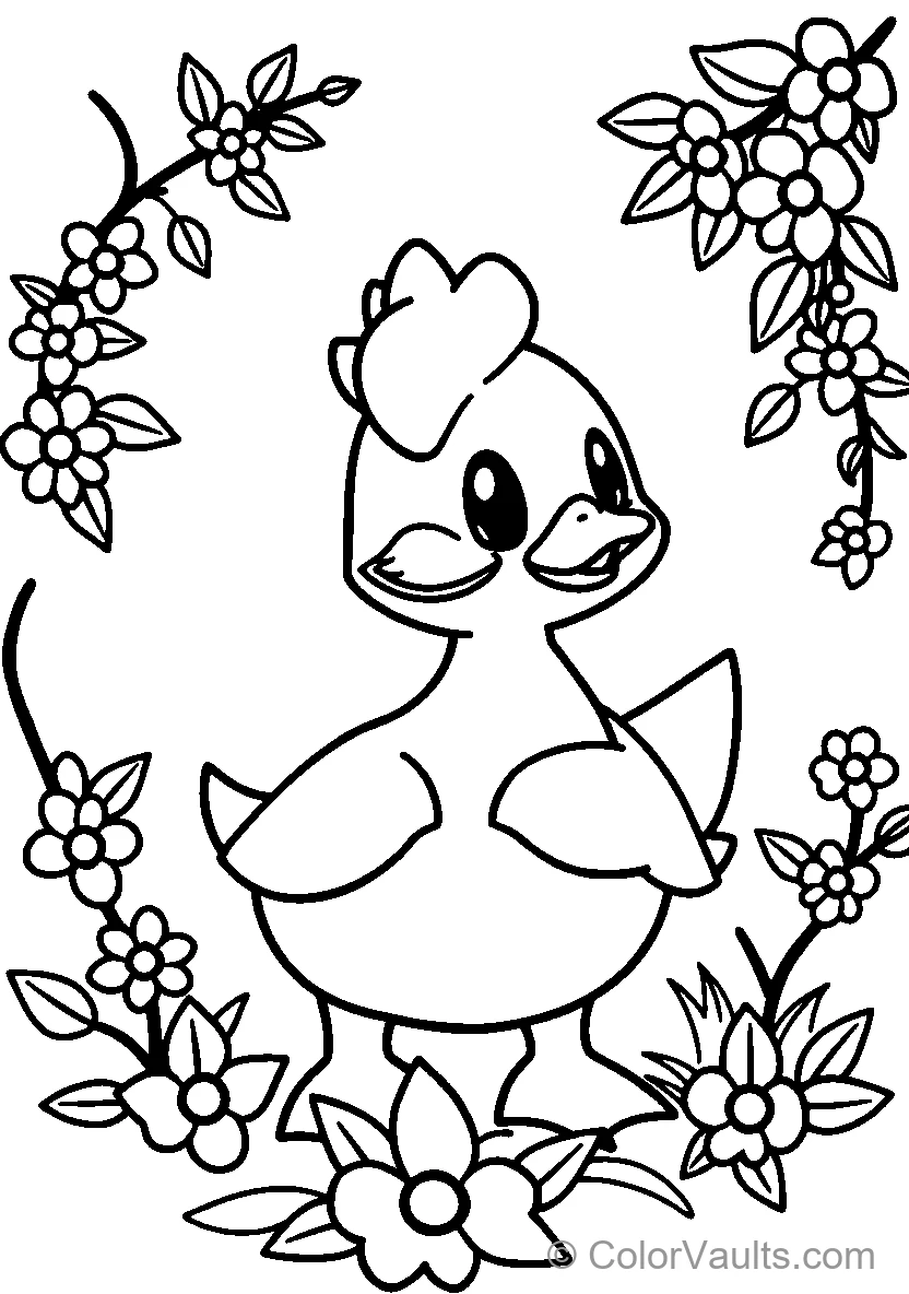 Cartoon Duckling Among Flowers