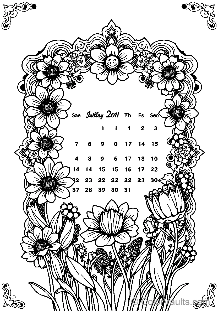 Floral Border Kalender - Kostenlose Malvorlage zum Ausdrucken | ColorVaults