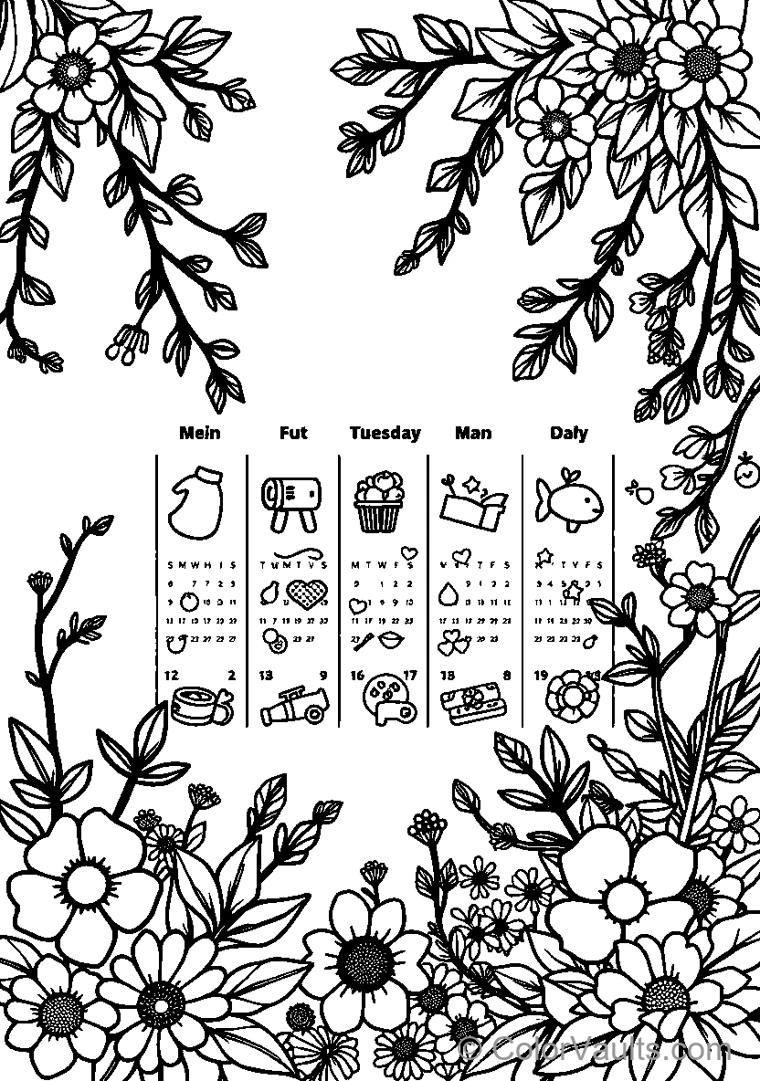 Floral Nature Kalender - Kostenlose Malvorlage zum Ausdrucken | ColorVaults