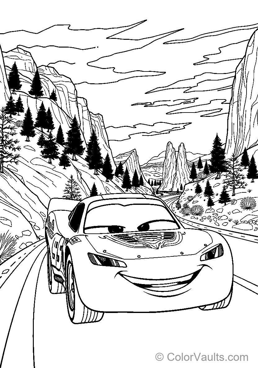 Smiling Animated Car On A Mountain Road - Coloriage Gratuit à Imprimer | ColorVaults