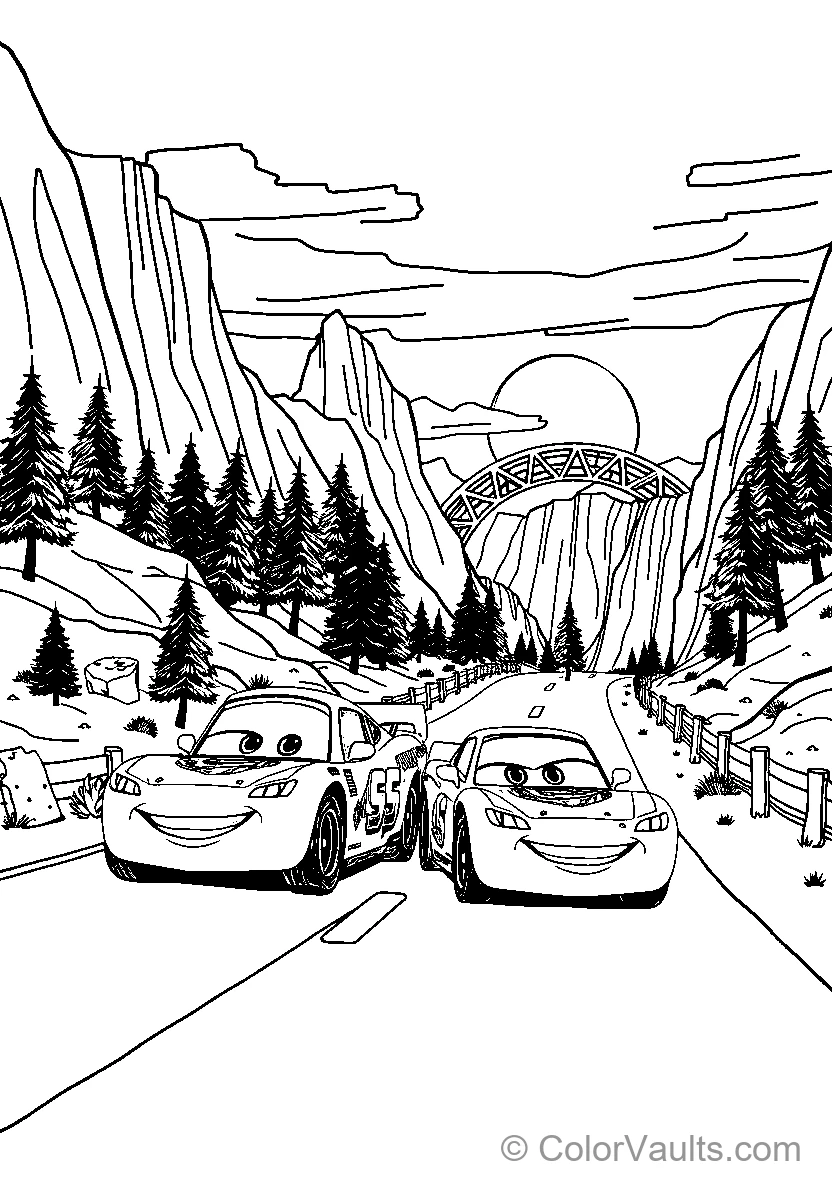 Two Smiling Racecars On A Mountain Road - Coloriage Gratuit à Imprimer | ColorVaults