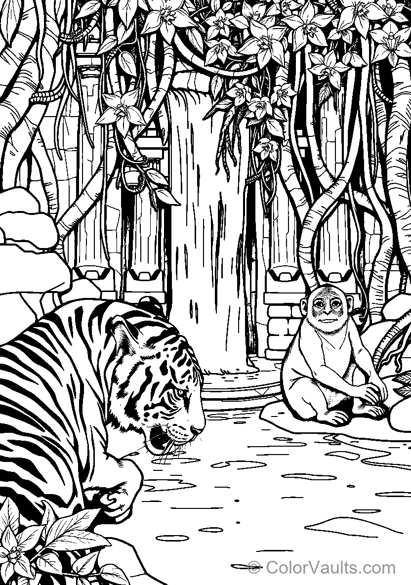 Tiger Resting By A Waterfall