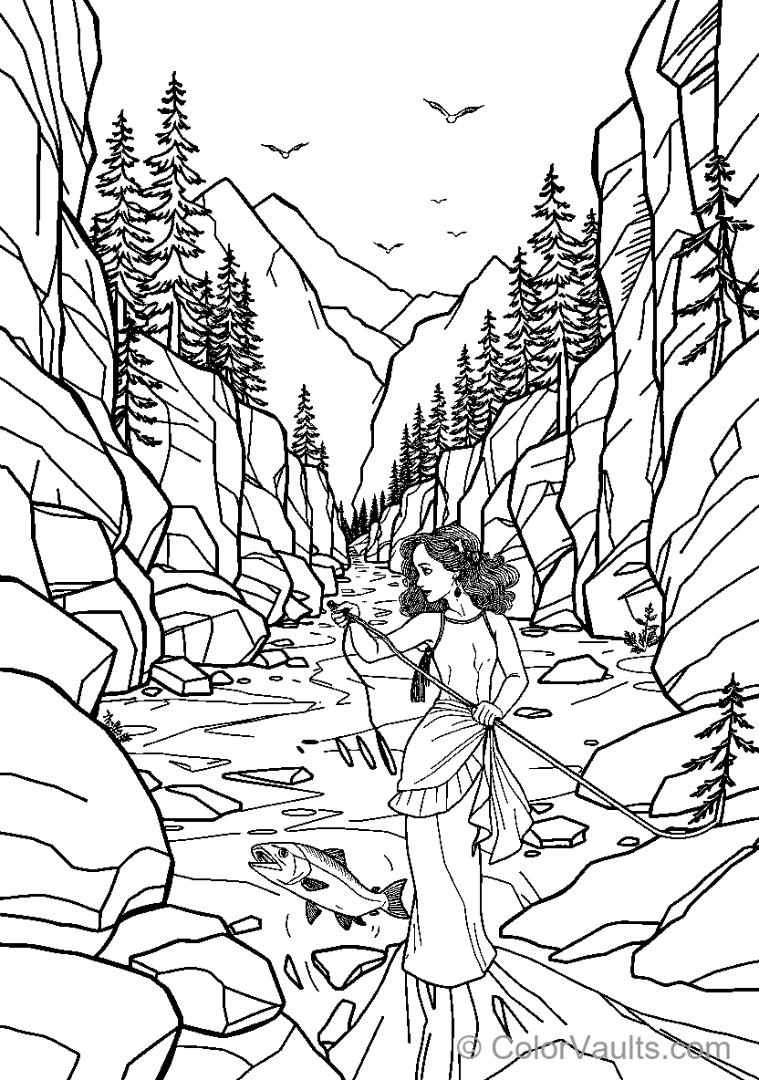 Woman Fishing in Rocky Canyon